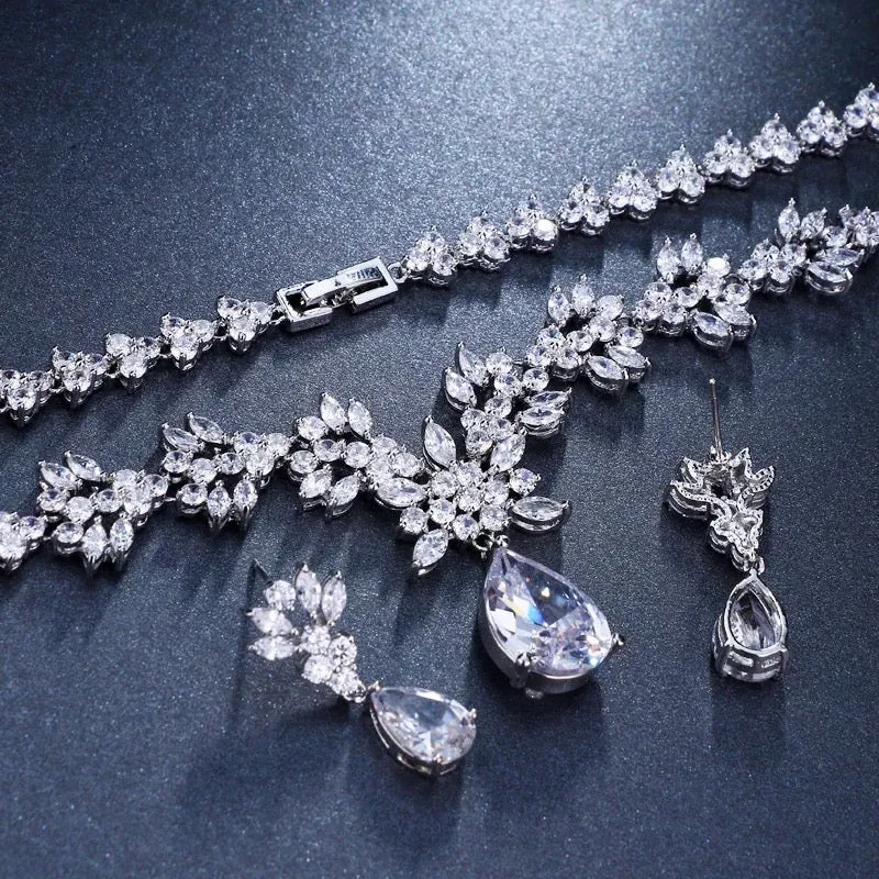 Exquisite Leaf & Flora Bridal Jewellery Set, Cubic Zirconia Necklace and Earrings Set