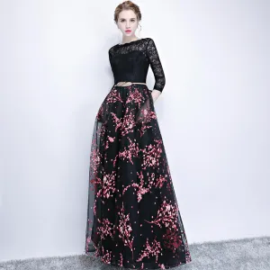 [Final Sale] White Flower  Lace Bodice Pleated Skirt 3/4 Sleeves Pocket Black Party Gown