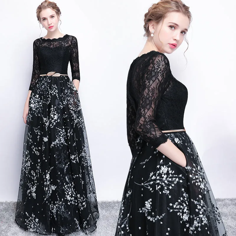 [Final Sale] White Flower  Lace Bodice Pleated Skirt 3/4 Sleeves Pocket Black Party Gown