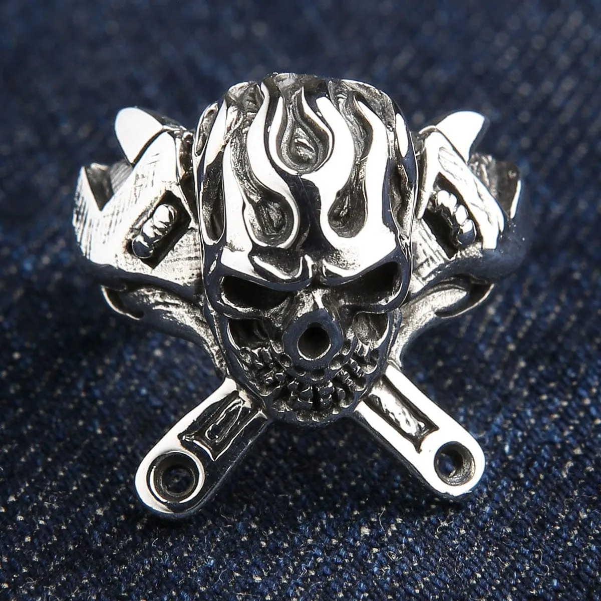 Flame Mechanic Wrench Skull 925 Sterling Silver Biker Ring