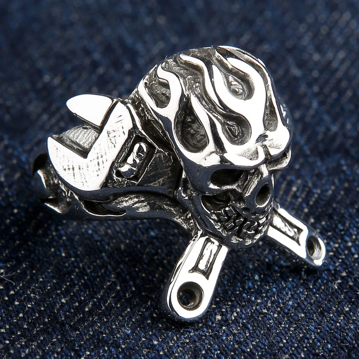 Flame Mechanic Wrench Skull 925 Sterling Silver Biker Ring