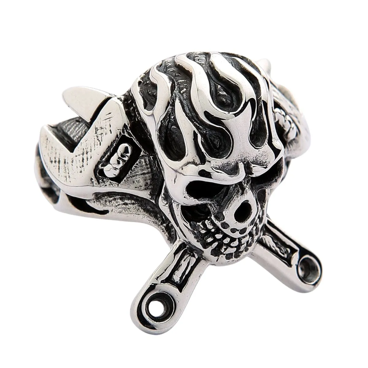 Flame Mechanic Wrench Skull 925 Sterling Silver Biker Ring