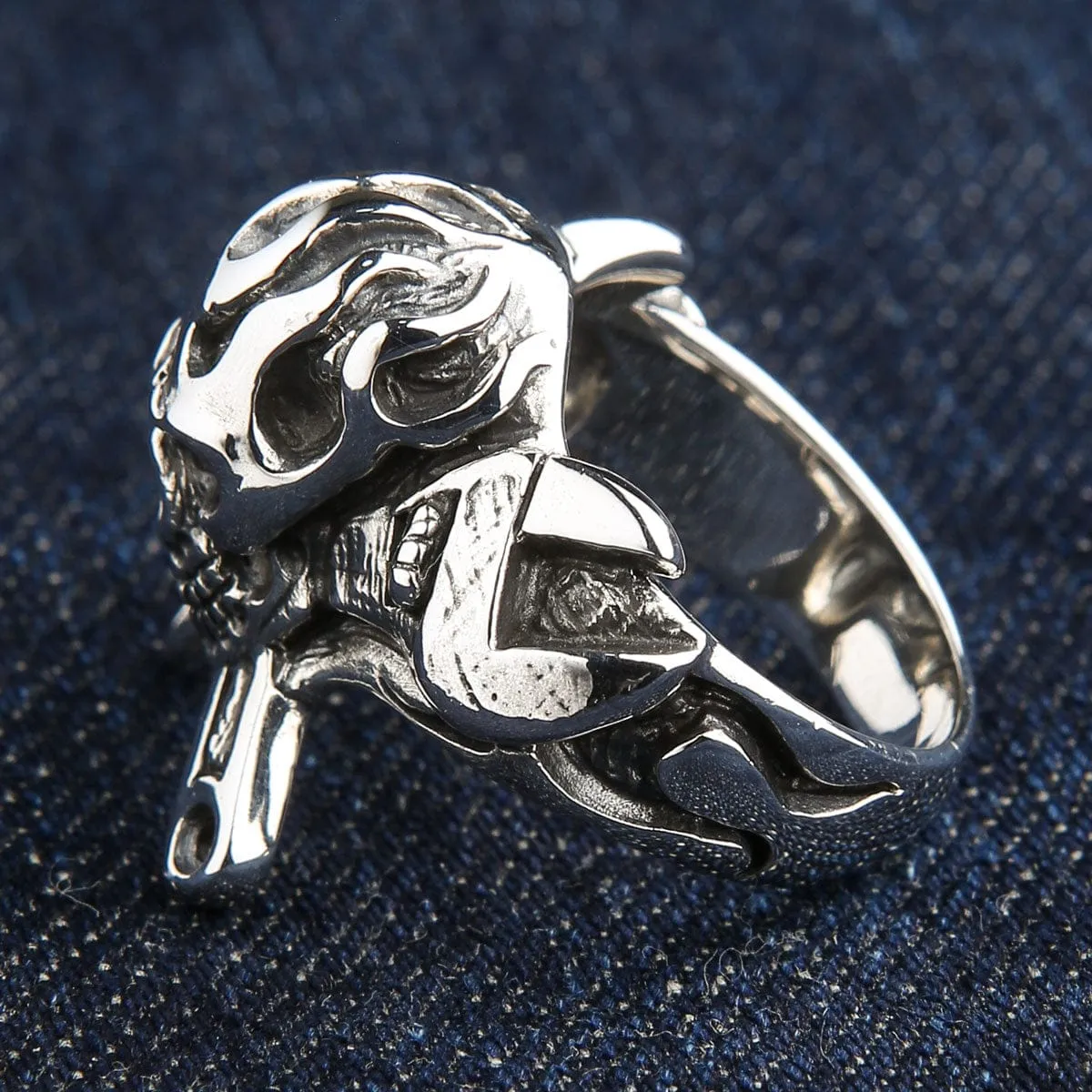 Flame Mechanic Wrench Skull 925 Sterling Silver Biker Ring