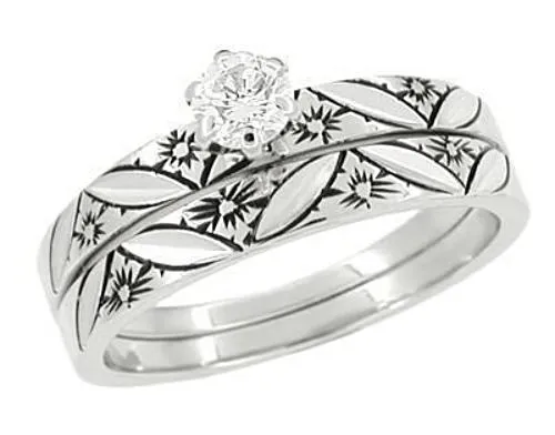 Floral Antique Finish Wedding Set in 14 Karat White Gold