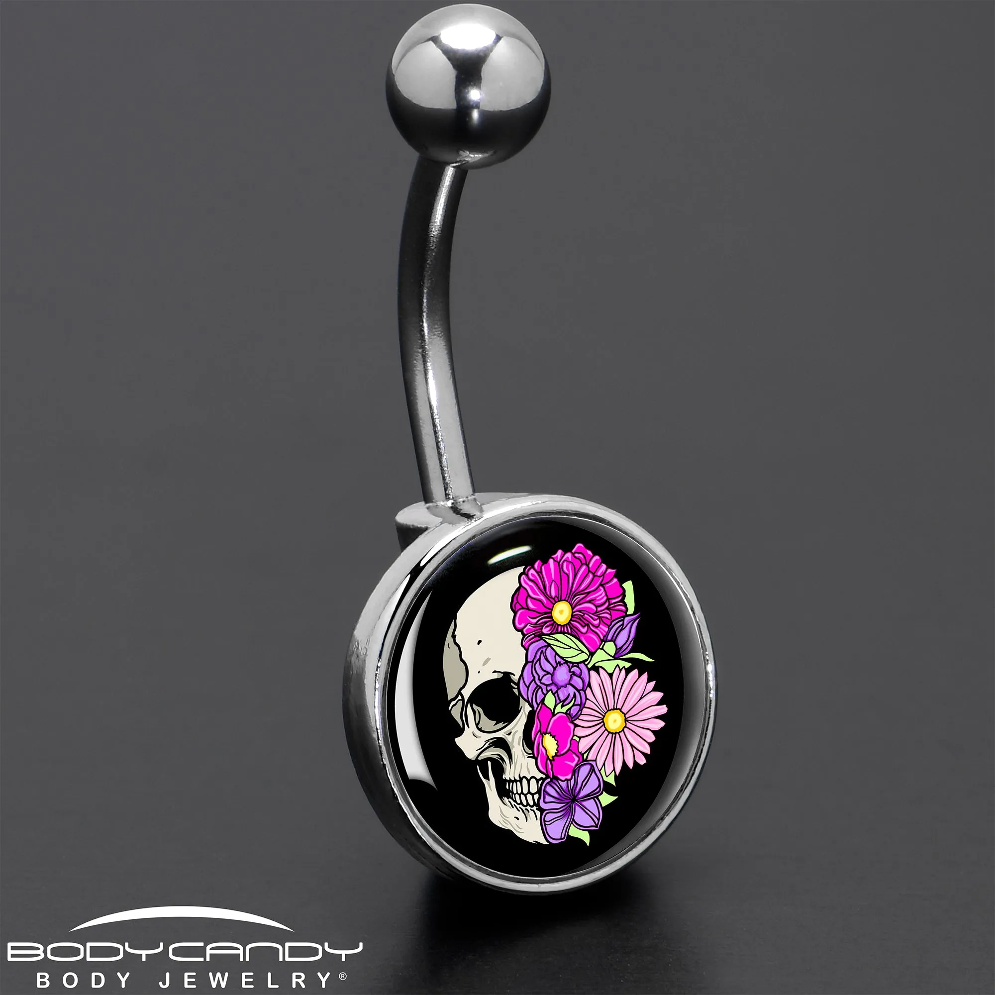 Floral Flowers Skull Belly Ring