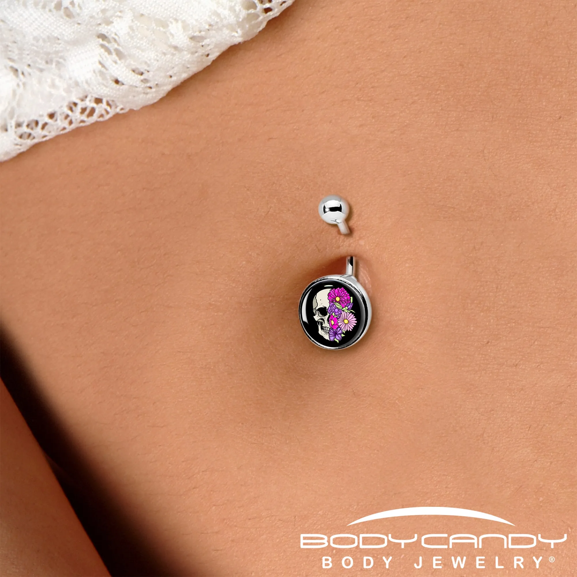 Floral Flowers Skull Belly Ring