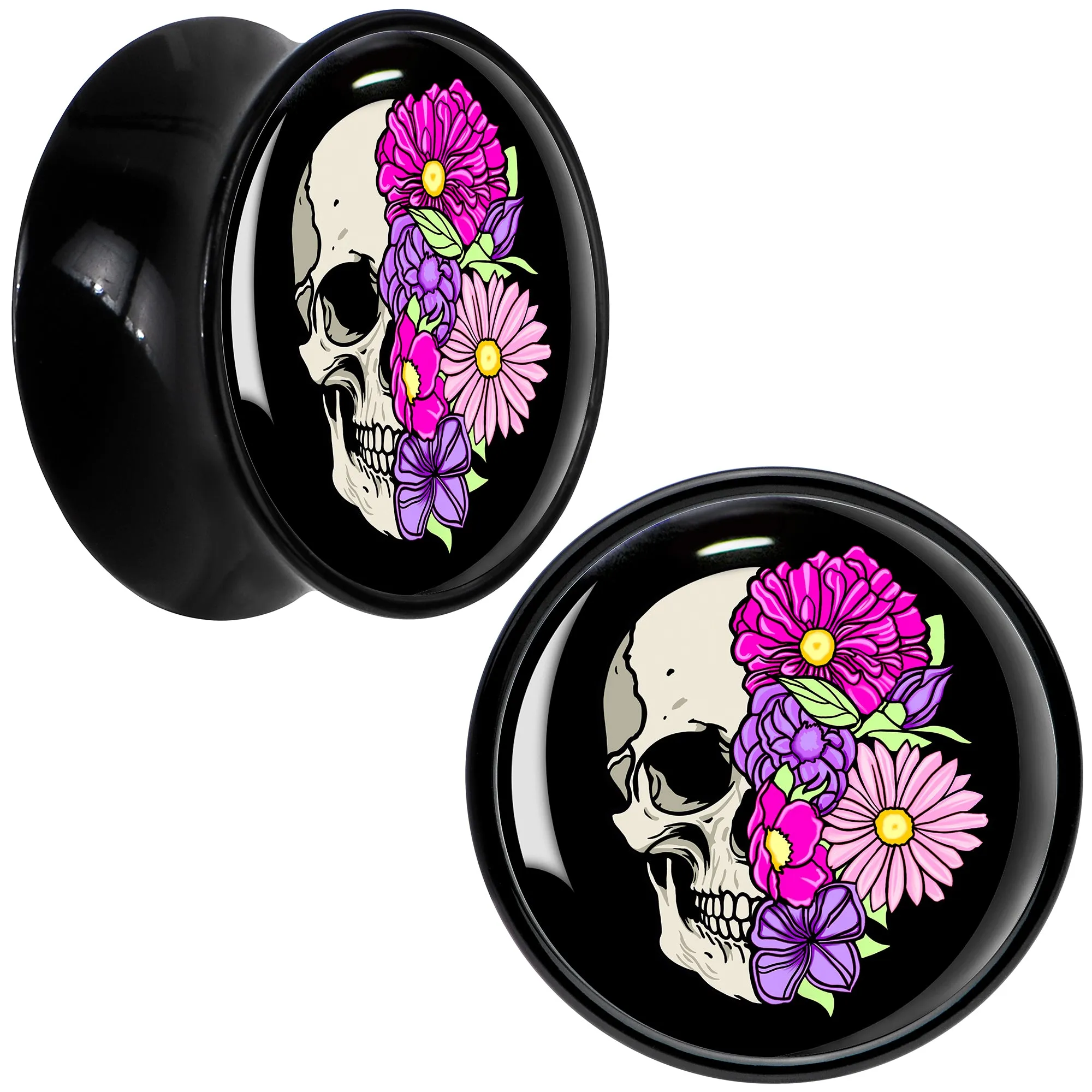 Floral Flowers Skull Black Acrylic Saddle Plug Set 8mm to 20mm