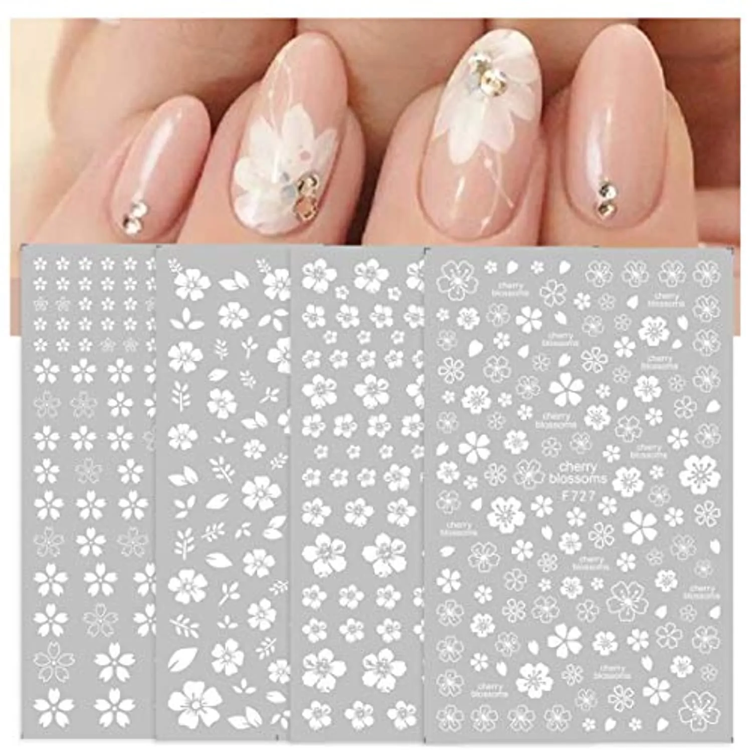 Flower Nail Stickers 3D Self Adhesive Nail Art Decals for Women Kids Girls Blossom Manicure Tips Nail Decoration Wraps for Acrylic Nails Beauty Charms Accessories (White)