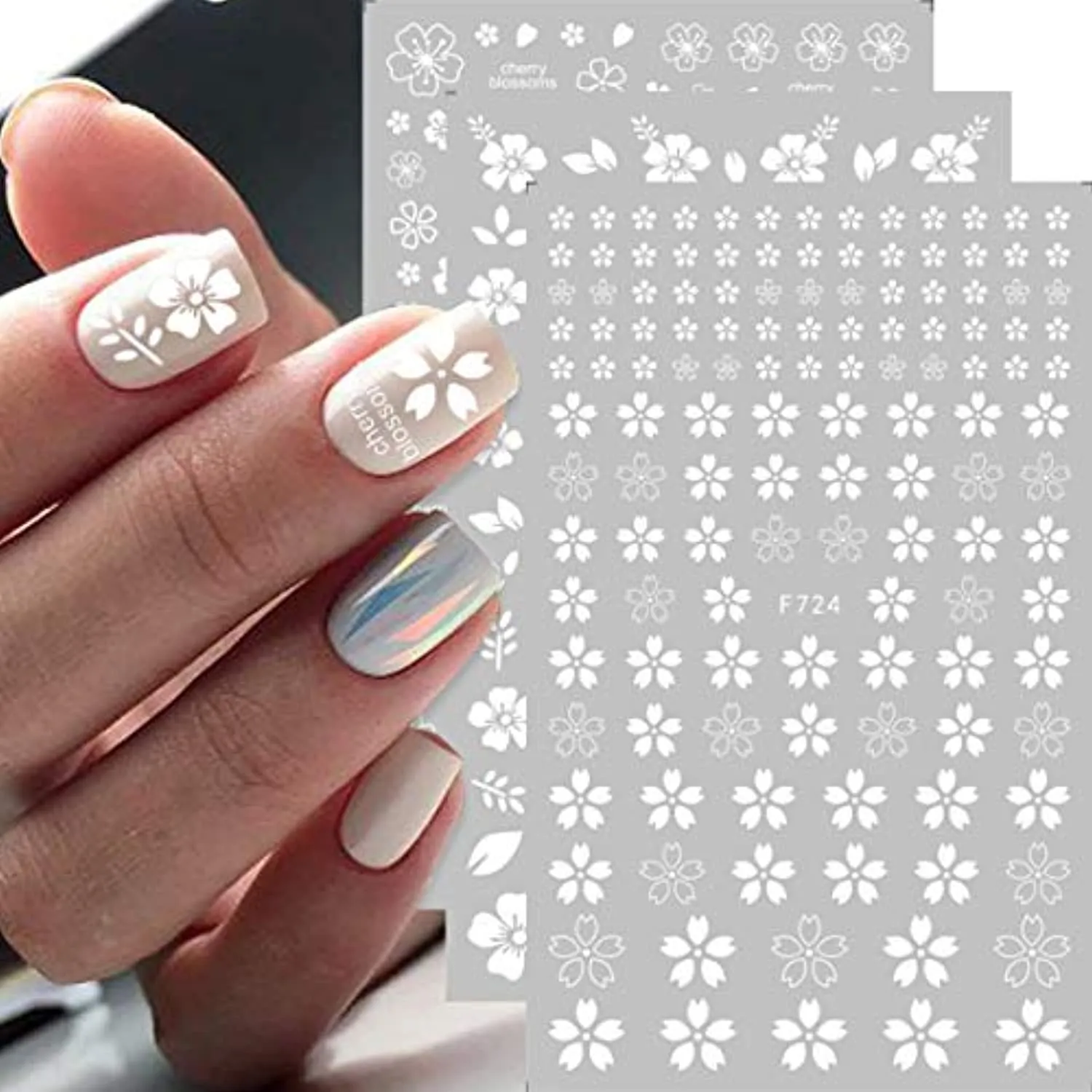Flower Nail Stickers 3D Self Adhesive Nail Art Decals for Women Kids Girls Blossom Manicure Tips Nail Decoration Wraps for Acrylic Nails Beauty Charms Accessories (White)