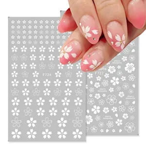 Flower Nail Stickers 3D Self Adhesive Nail Art Decals for Women Kids Girls Blossom Manicure Tips Nail Decoration Wraps for Acrylic Nails Beauty Charms Accessories (White)