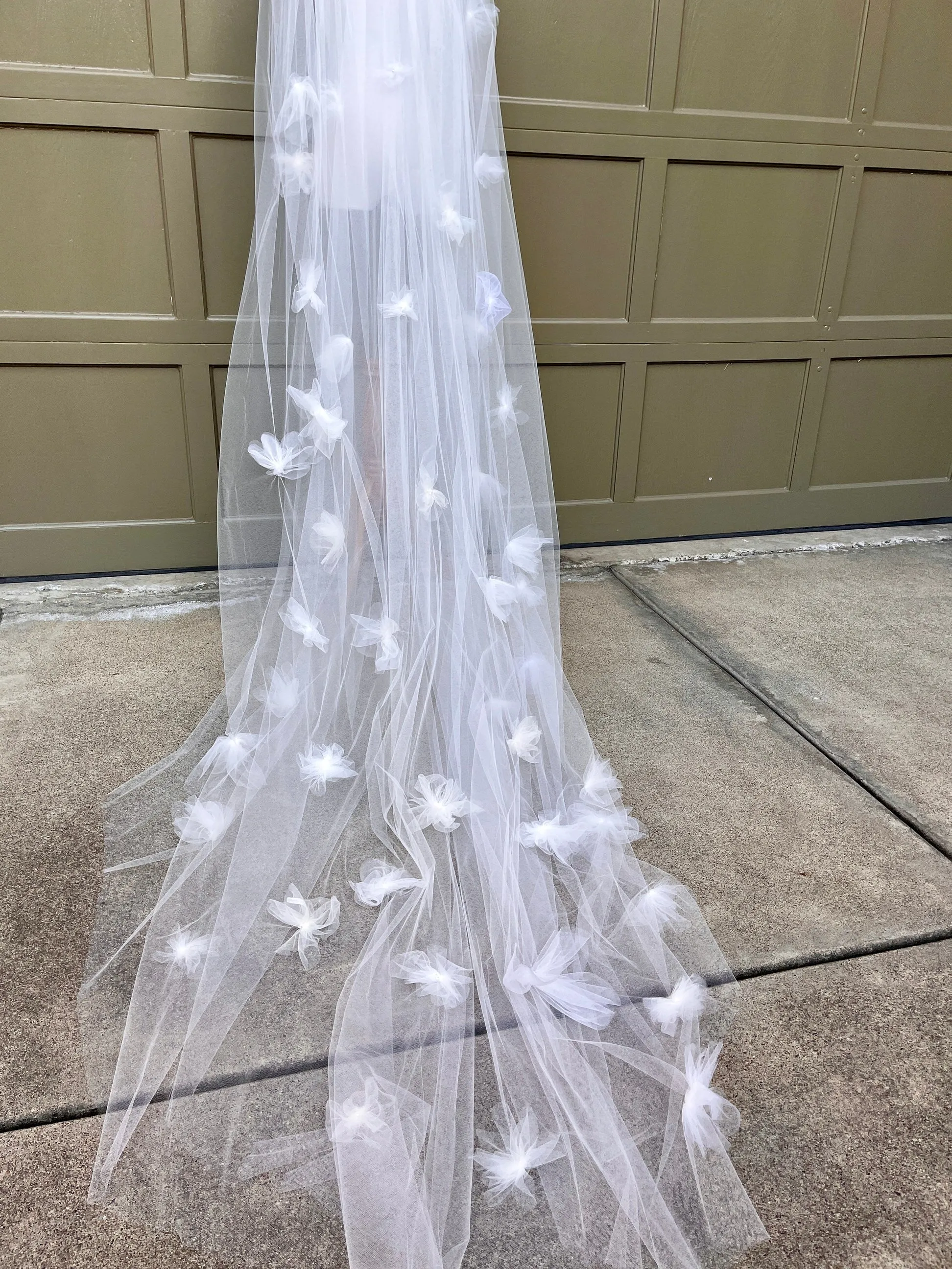 Full Cathedral Wedding Veil with Flower Blooms in Chiffon Silk