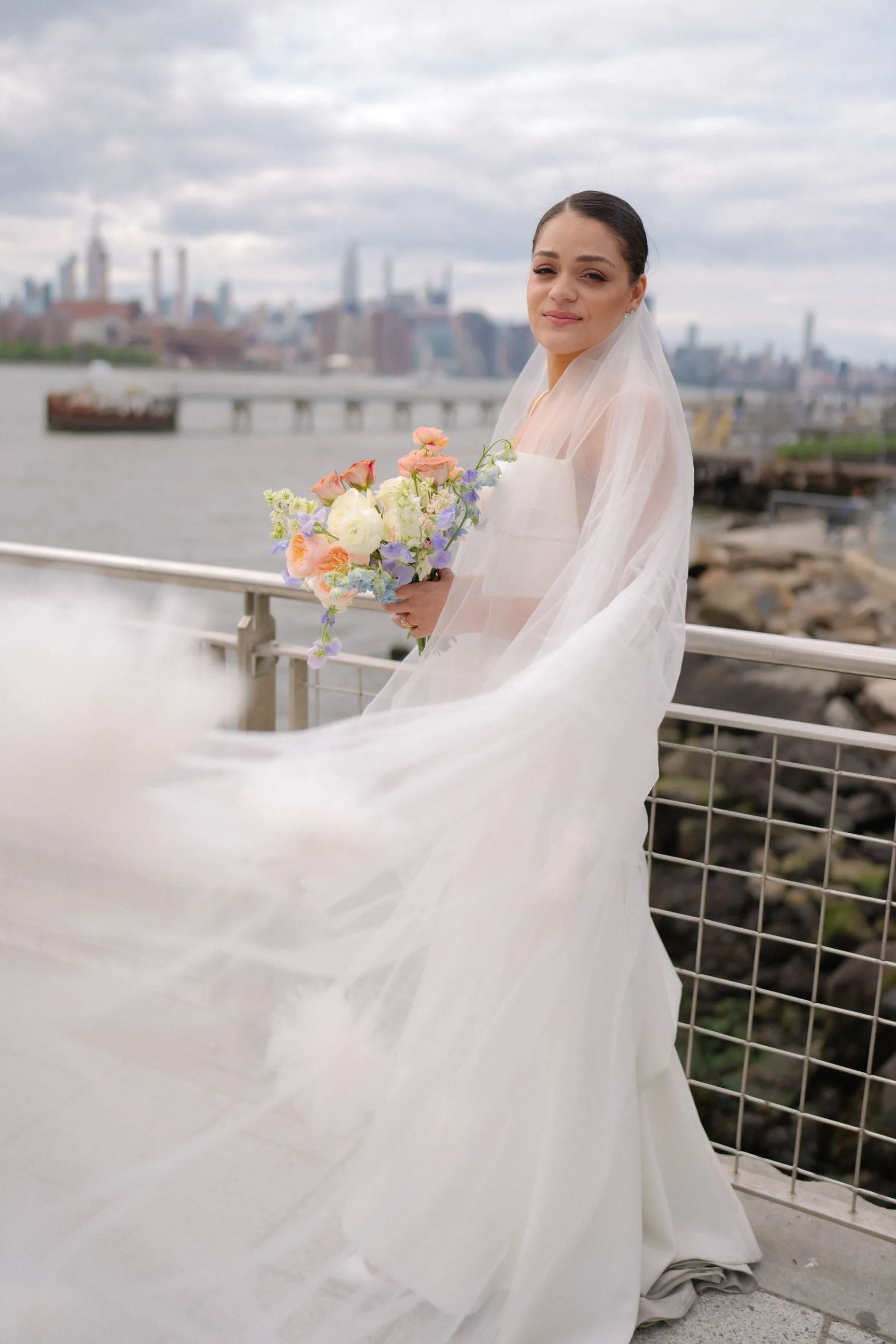 Full Cathedral Wedding Veil with Flower Blooms in Chiffon Silk