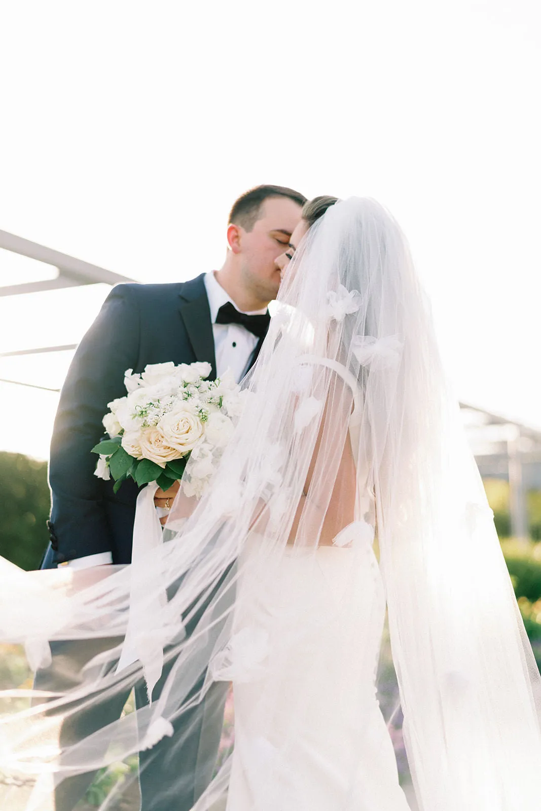 Full Cathedral Wedding Veil with Flower Blooms in Chiffon Silk