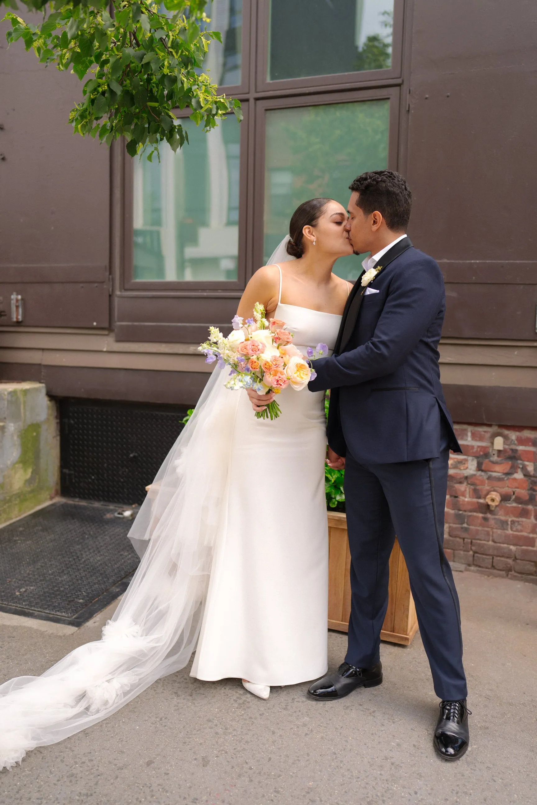Full Cathedral Wedding Veil with Flower Blooms in Chiffon Silk