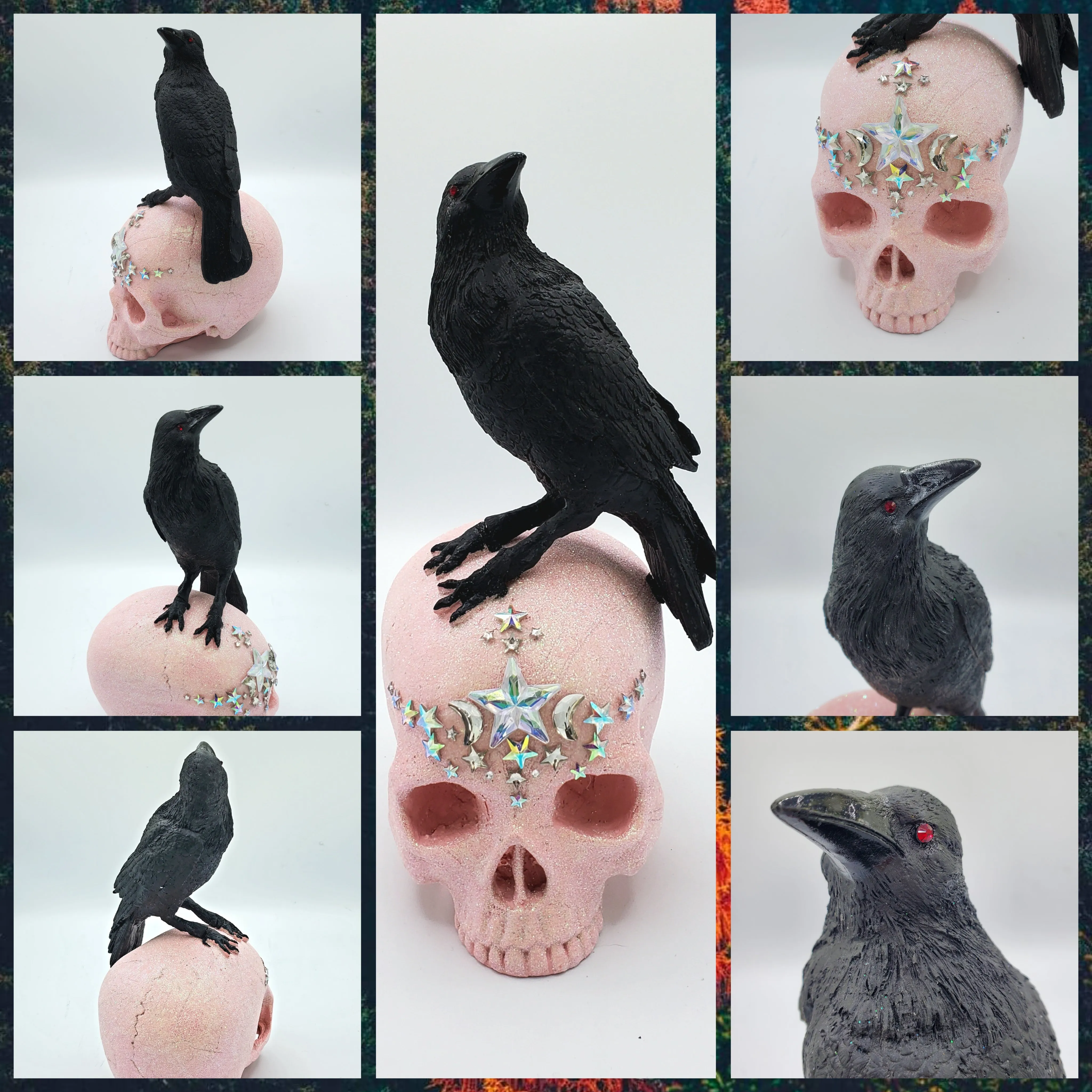 Glitter Gothic Skull w/Raven Statue
