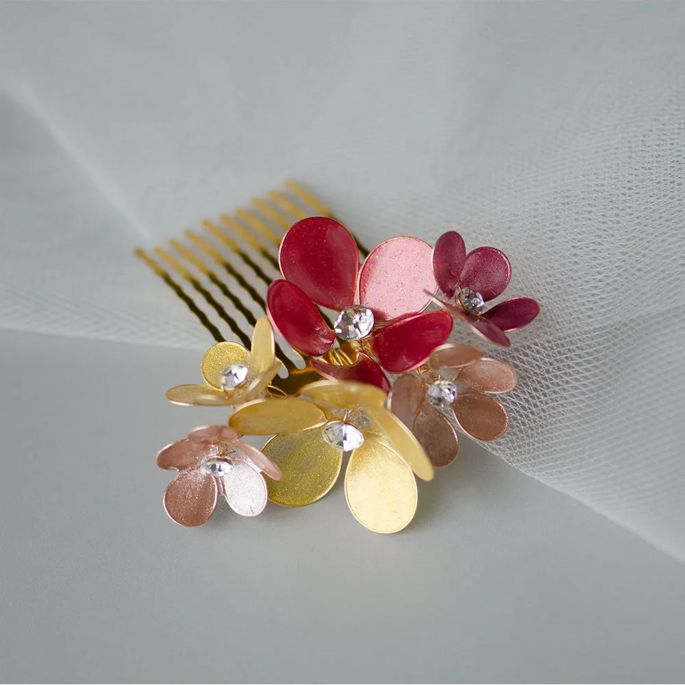 Gold and Red Nail Polish Poppy Flower Cluster Bridal Headpiece, Chinese Wedding