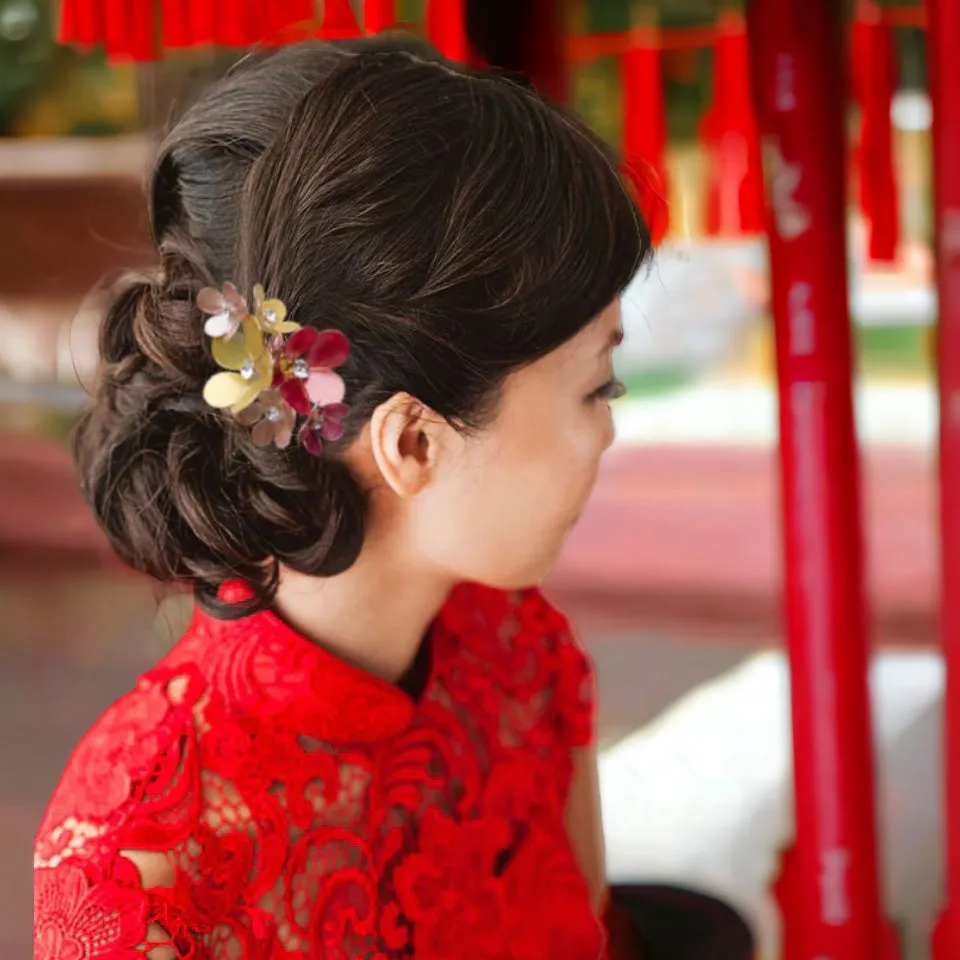 Gold and Red Nail Polish Poppy Flower Cluster Bridal Headpiece, Chinese Wedding