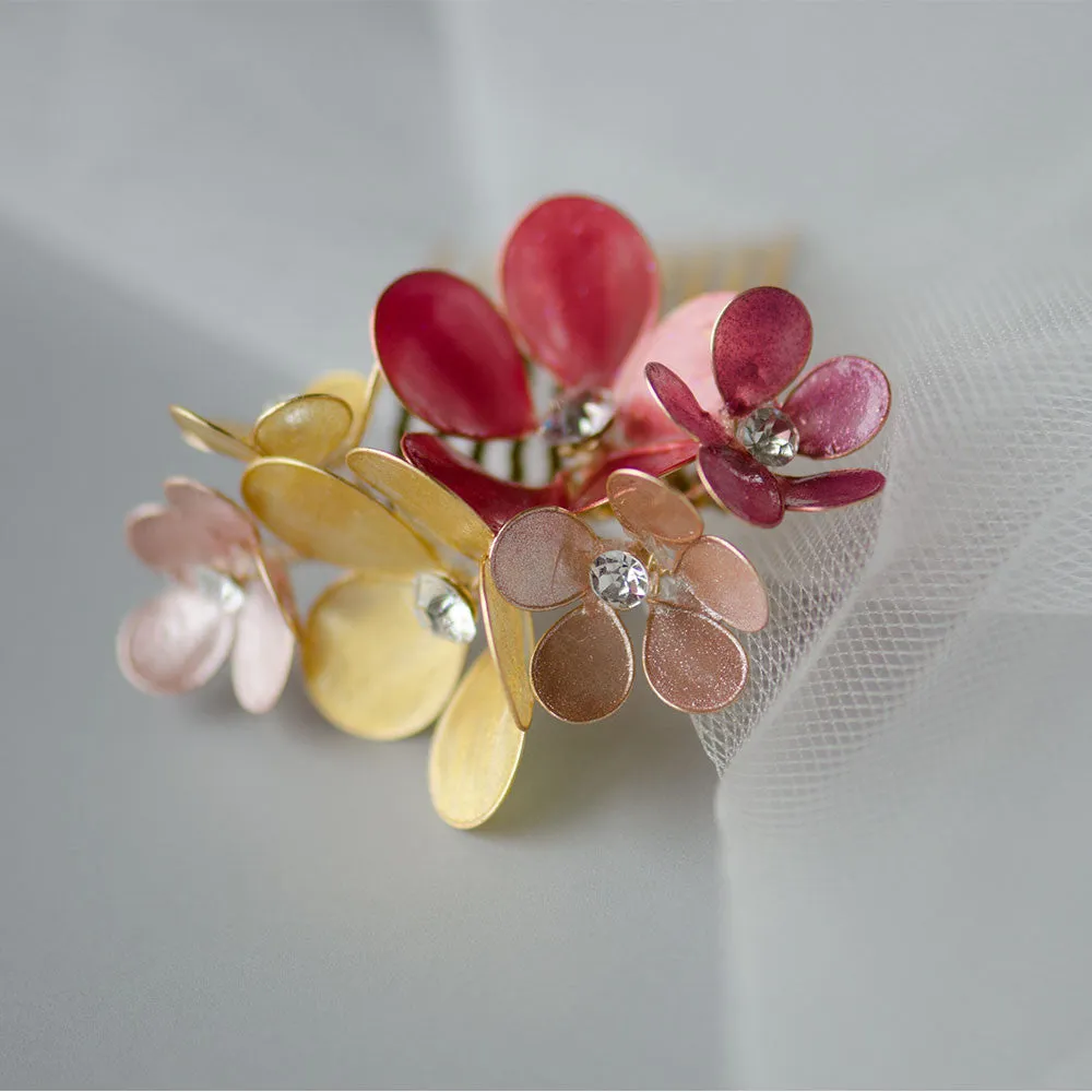 Gold and Red Nail Polish Poppy Flower Cluster Bridal Headpiece, Chinese Wedding
