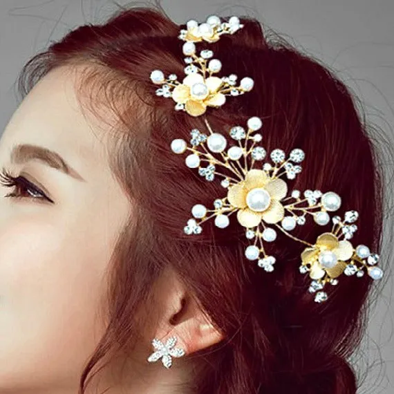 Gold Crystal Pearl Floral Wedding Hair Vine, Bridal Headpiece, Gold Wedding Hairpiece, Wedding Hair Accessory, Bridal Headdress