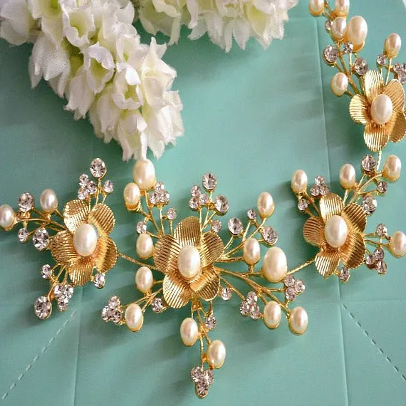 Gold Crystal Pearl Floral Wedding Hair Vine, Bridal Headpiece, Gold Wedding Hairpiece, Wedding Hair Accessory, Bridal Headdress