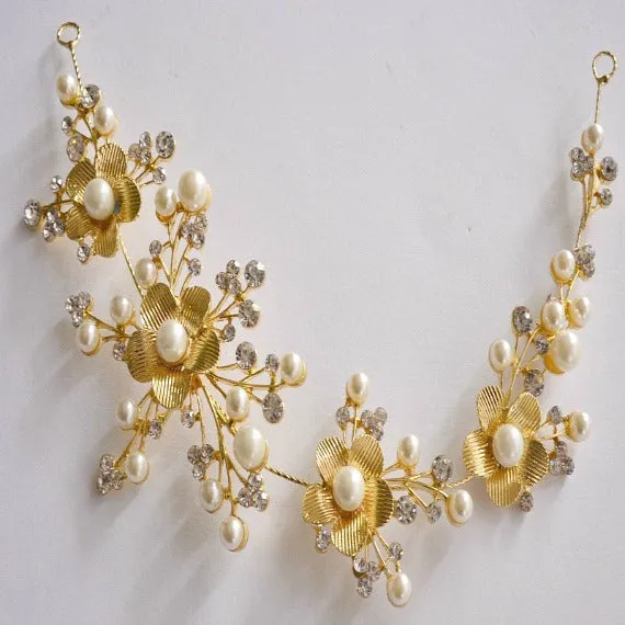 Gold Crystal Pearl Floral Wedding Hair Vine, Bridal Headpiece, Gold Wedding Hairpiece, Wedding Hair Accessory, Bridal Headdress