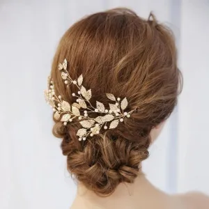Gold Leaf & Faux Pearls Hair Vine Bridal Wedding