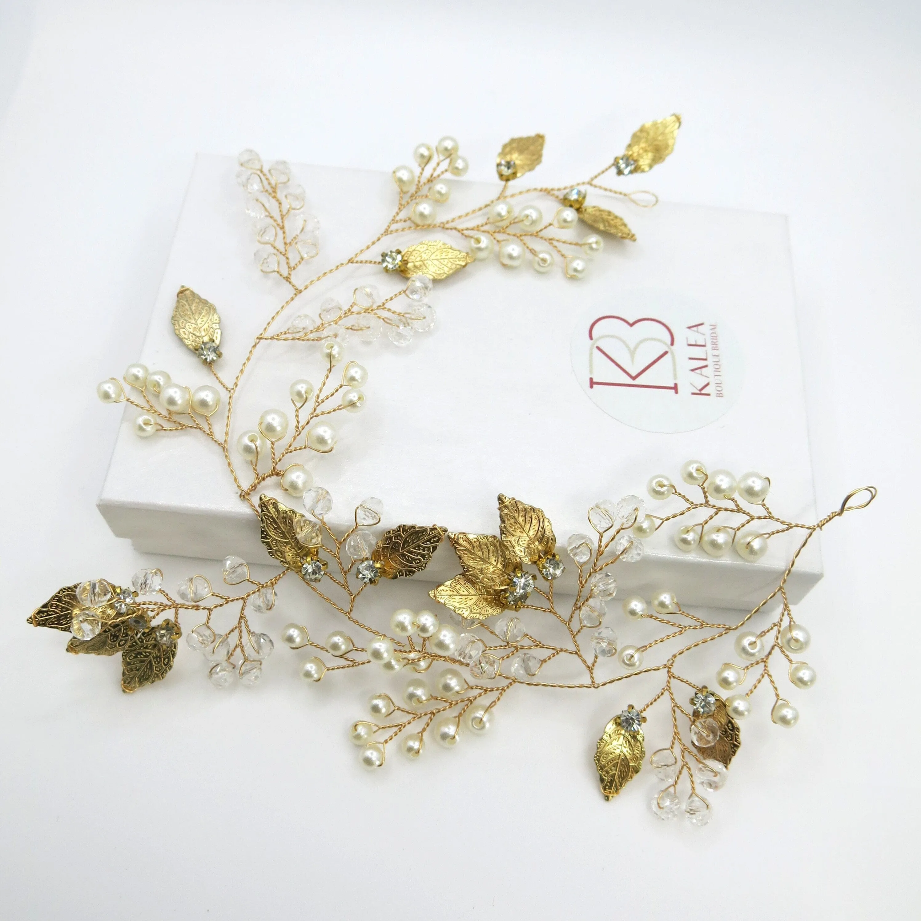 Gold Leaf Pearl Branch Hair Vine, Wedding Pearl Wire Headband, Bridal Pearl Wire Head Wreath Tiara