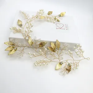 Gold Leaf Pearl Branch Hair Vine, Wedding Pearl Wire Headband, Bridal Pearl Wire Head Wreath Tiara