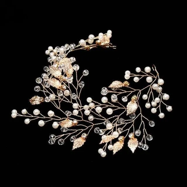 Gold Leaf Pearl Branch Hair Vine, Wedding Pearl Wire Headband, Bridal Pearl Wire Head Wreath Tiara