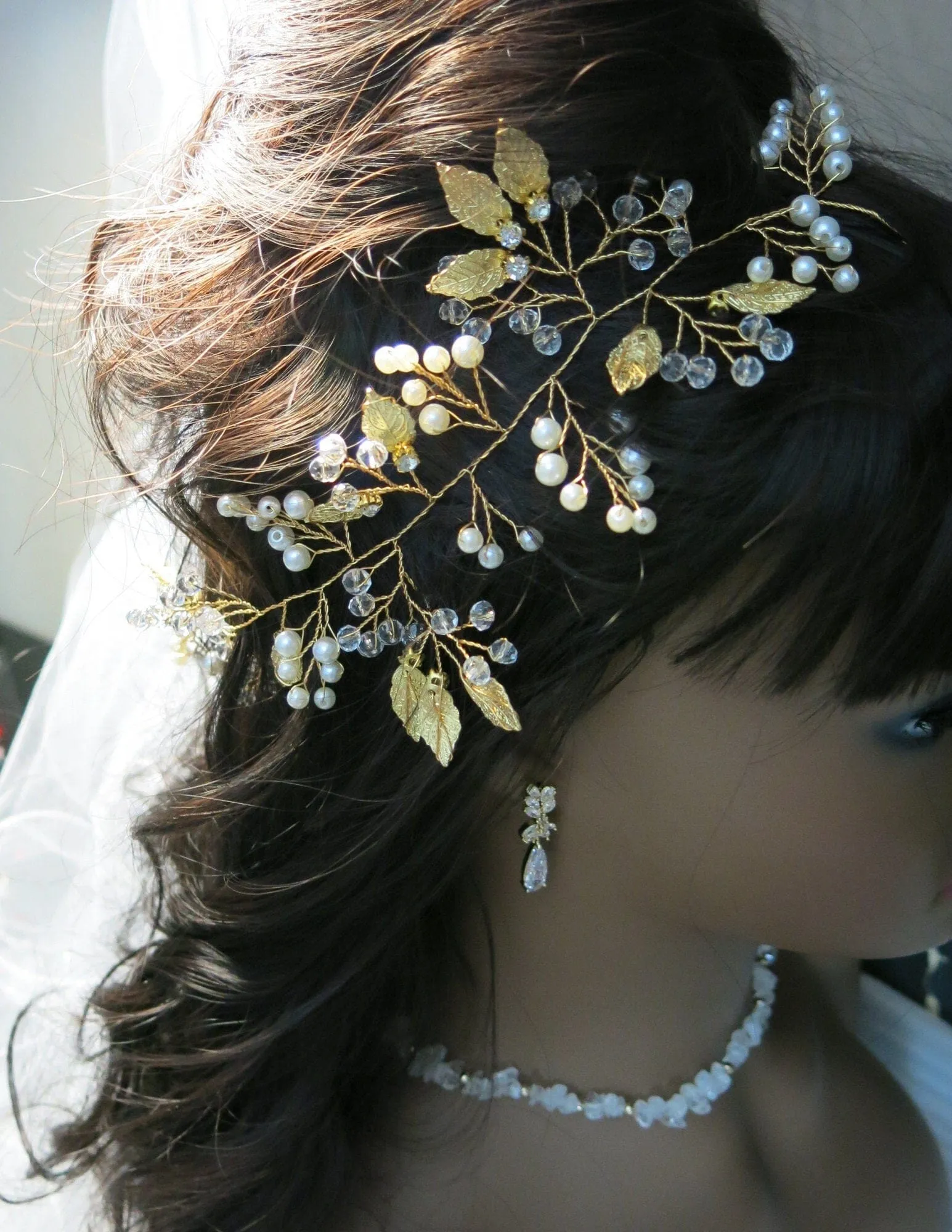 Gold Leaf Pearl Branch Hair Vine, Wedding Pearl Wire Headband, Bridal Pearl Wire Head Wreath Tiara