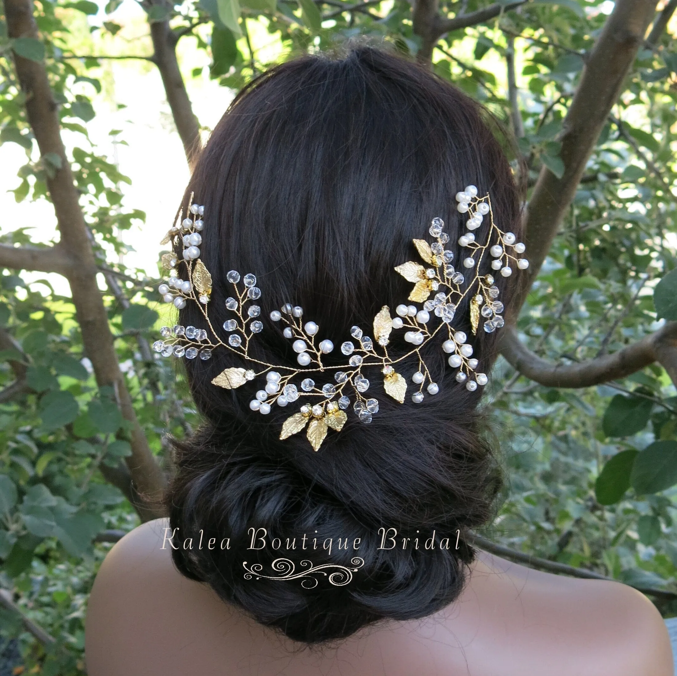 Gold Leaf Pearl Branch Hair Vine, Wedding Pearl Wire Headband, Bridal Pearl Wire Head Wreath Tiara
