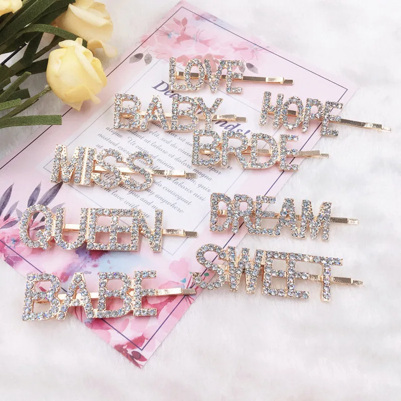 Gold Rhinestones Words Hairpins, Rhinestone Letter Bobby Pin, Word Crystal Hairpins, Metal Hair Clips,Buy together, get free shipping