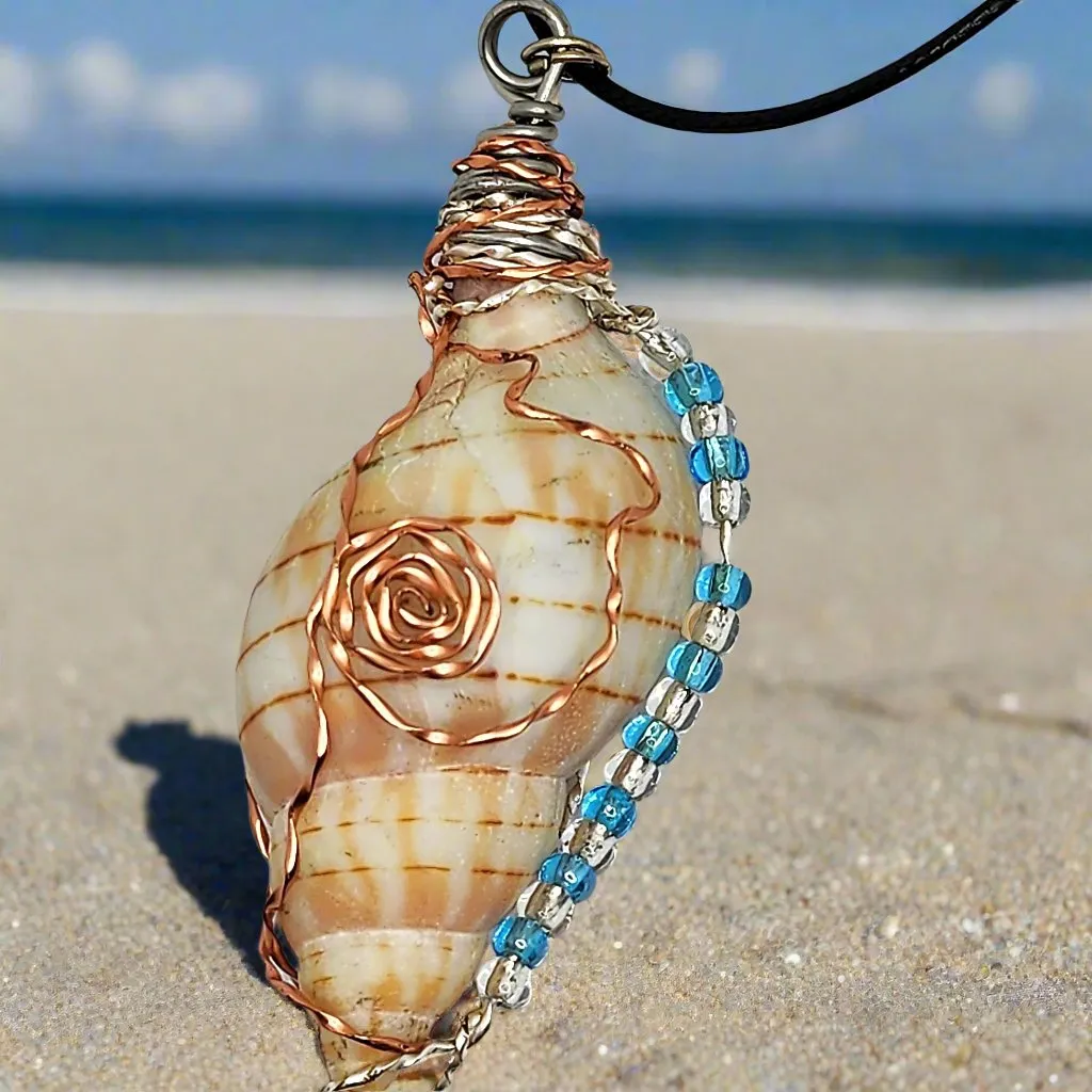 Gorgeous Banded Tulip Shell Handmade Pendant with Copper & Silver Wire Wrap, Blue Ceramic & Glass Beads on Black Rope Necklace