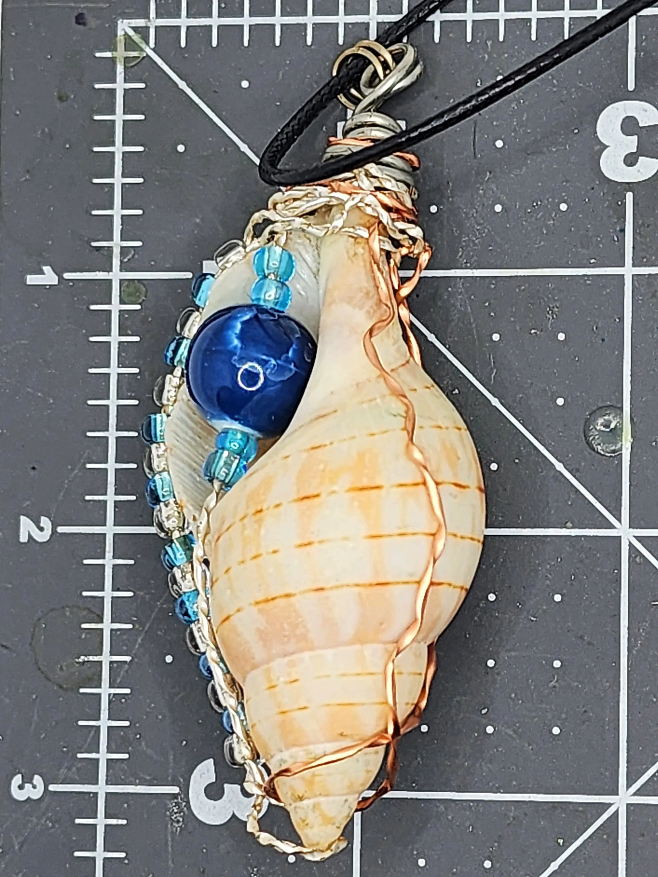 Gorgeous Banded Tulip Shell Handmade Pendant with Copper & Silver Wire Wrap, Blue Ceramic & Glass Beads on Black Rope Necklace
