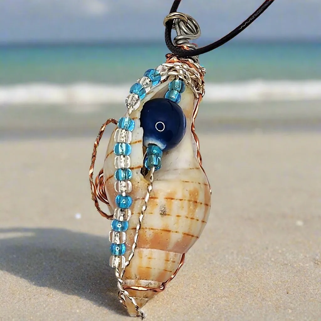 Gorgeous Banded Tulip Shell Handmade Pendant with Copper & Silver Wire Wrap, Blue Ceramic & Glass Beads on Black Rope Necklace
