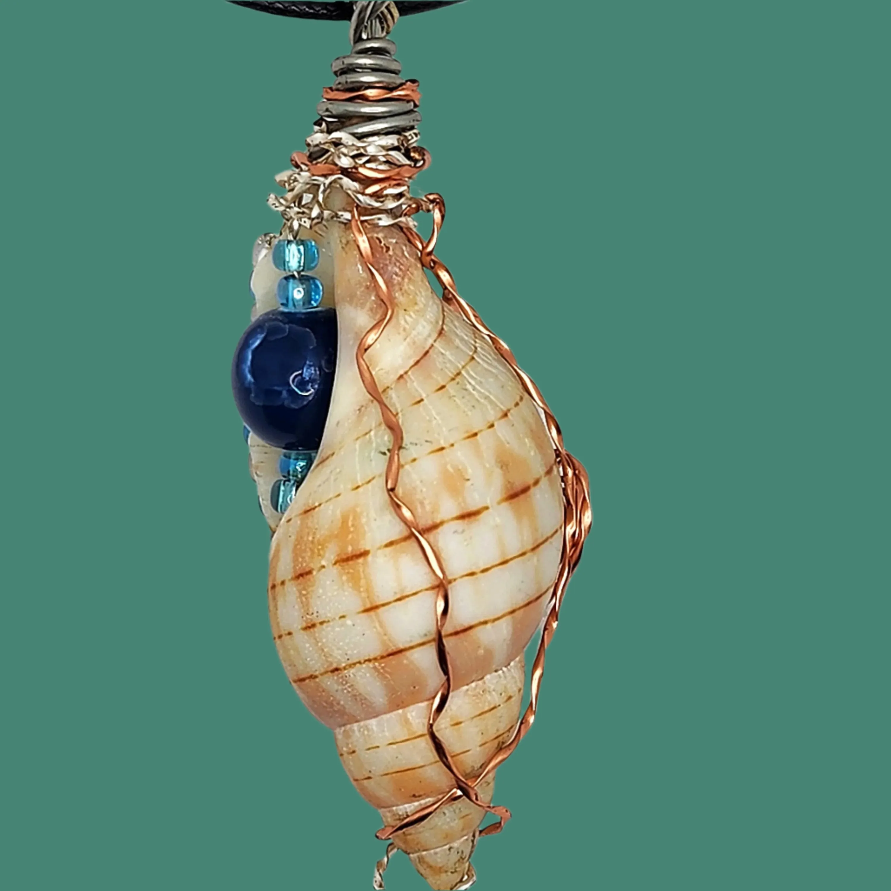 Gorgeous Banded Tulip Shell Handmade Pendant with Copper & Silver Wire Wrap, Blue Ceramic & Glass Beads on Black Rope Necklace
