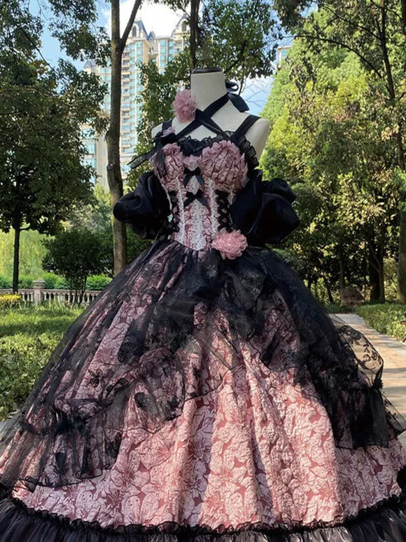 Gothic Lolita Dresses Ruffles Flowers Floral Print Pink Pink