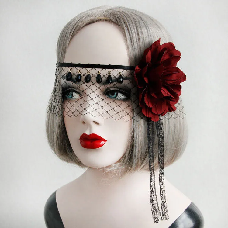 Gothic Lolita Headdress Flower Net Lace Jewel Bead Black Lolita Veil
