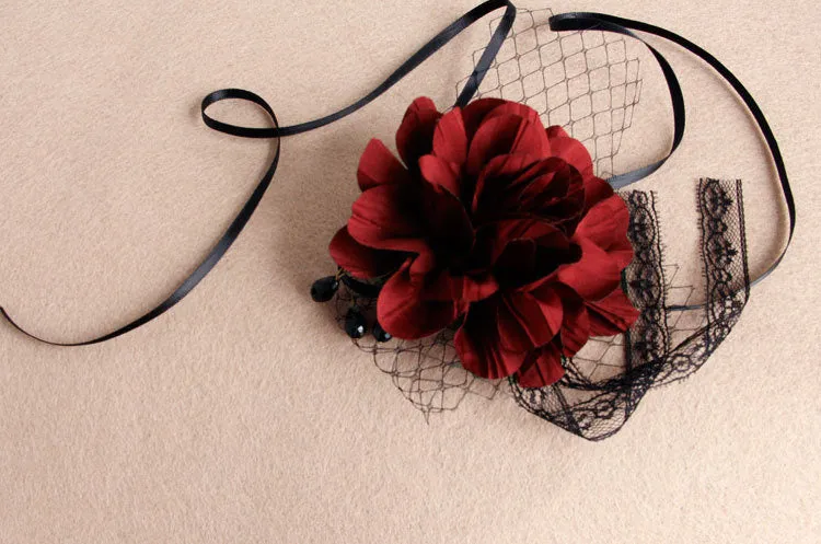 Gothic Lolita Headdress Flower Net Lace Jewel Bead Black Lolita Veil