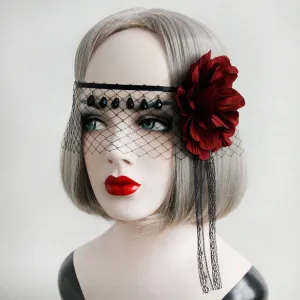 Gothic Lolita Headdress Flower Net Lace Jewel Bead Black Lolita Veil