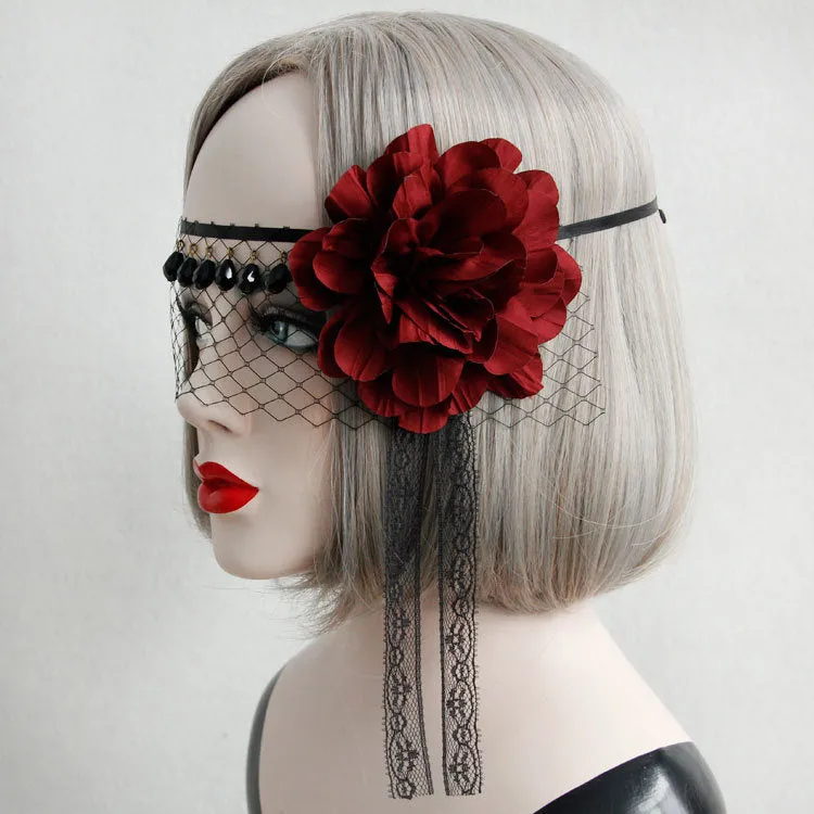 Gothic Lolita Headdress Flower Net Lace Jewel Bead Black Lolita Veil