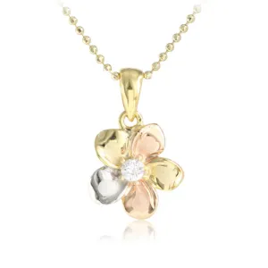 Hawaiian Jewelry 14K Yellow Gold Tri-color Plumeria with CZ Pendant (Chain Sold Separately)