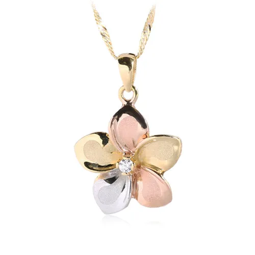 Hawaiian Jewelry 14K Yellow Gold Tri-color Plumeria with CZ Pendant (Chain Sold Separately)