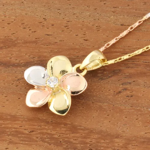 Hawaiian Jewelry 14K Yellow Gold Tri-color Plumeria with CZ Pendant (Chain Sold Separately)