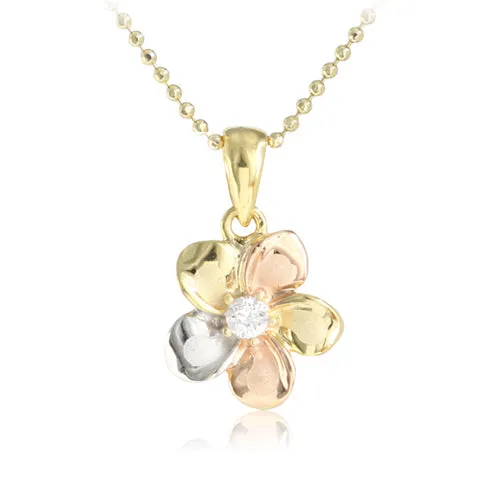 Hawaiian Jewelry 14K Yellow Gold Tri-color Plumeria with CZ Pendant (Chain Sold Separately)