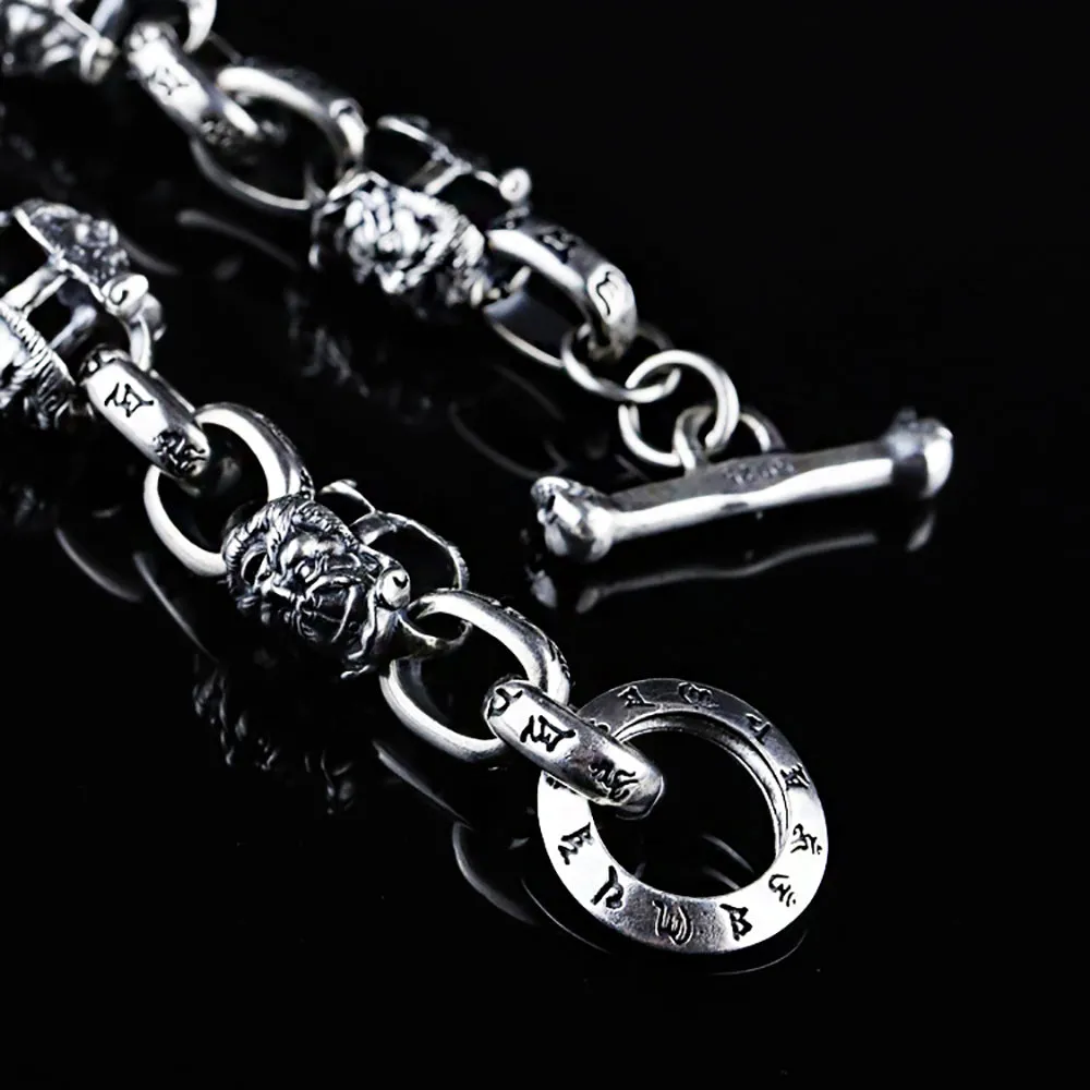 Heavy Real Solid 925 Sterling Silver Bracelet Om Mani Padme Hum Protection Punk Jewelry 7.9"