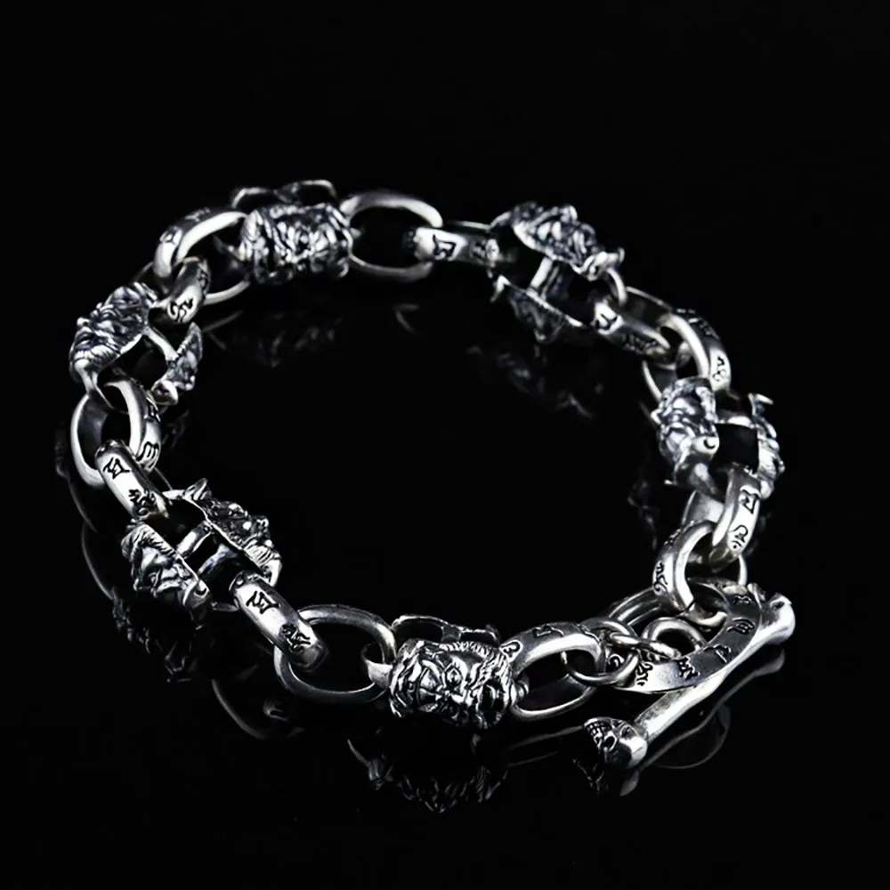 Heavy Real Solid 925 Sterling Silver Bracelet Om Mani Padme Hum Protection Punk Jewelry 7.9"