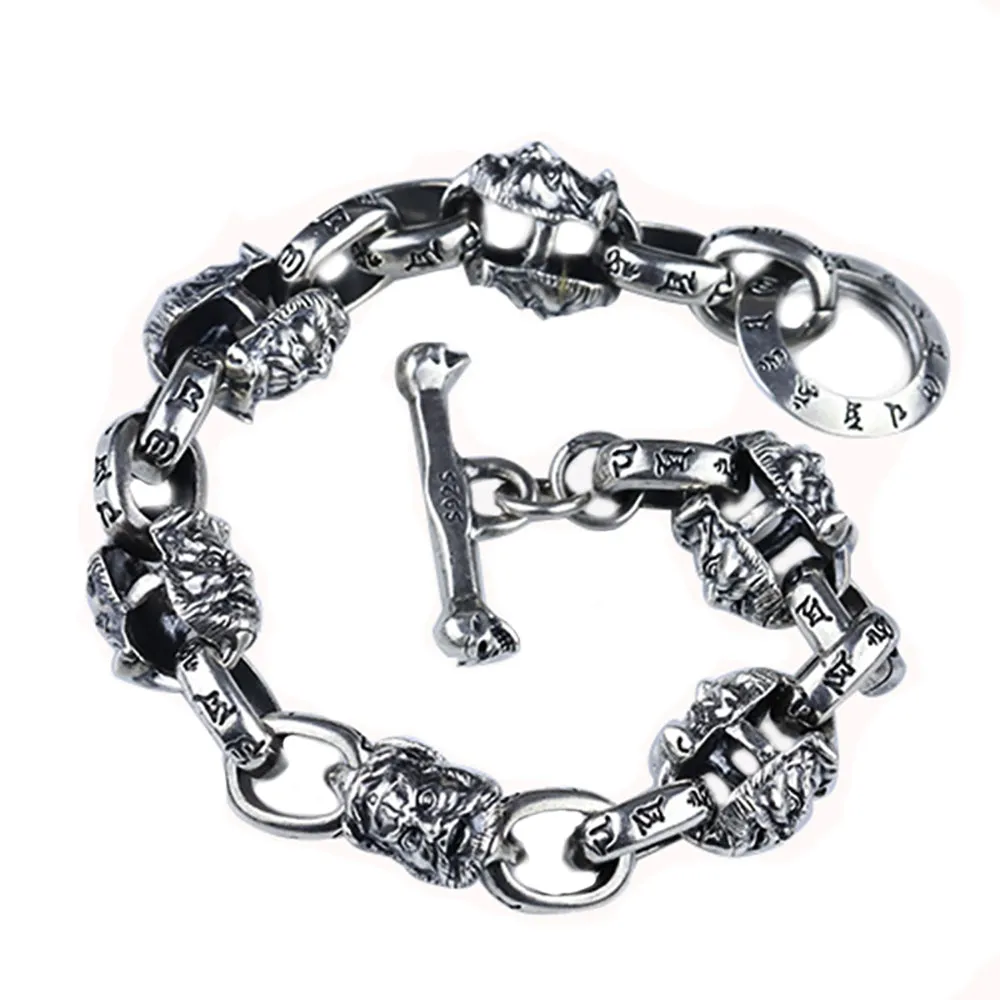 Heavy Real Solid 925 Sterling Silver Bracelet Om Mani Padme Hum Protection Punk Jewelry 7.9"