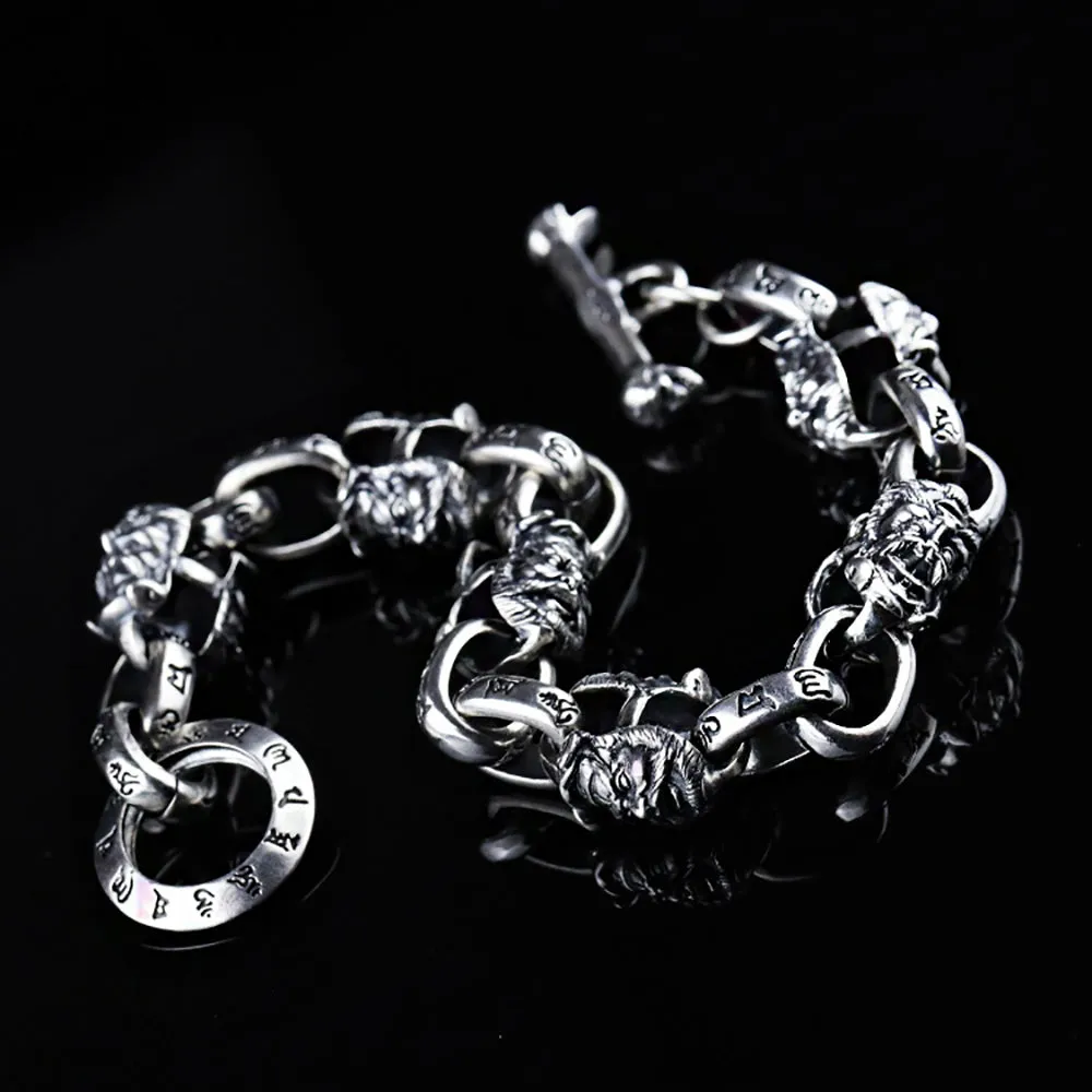 Heavy Real Solid 925 Sterling Silver Bracelet Om Mani Padme Hum Protection Punk Jewelry 7.9"