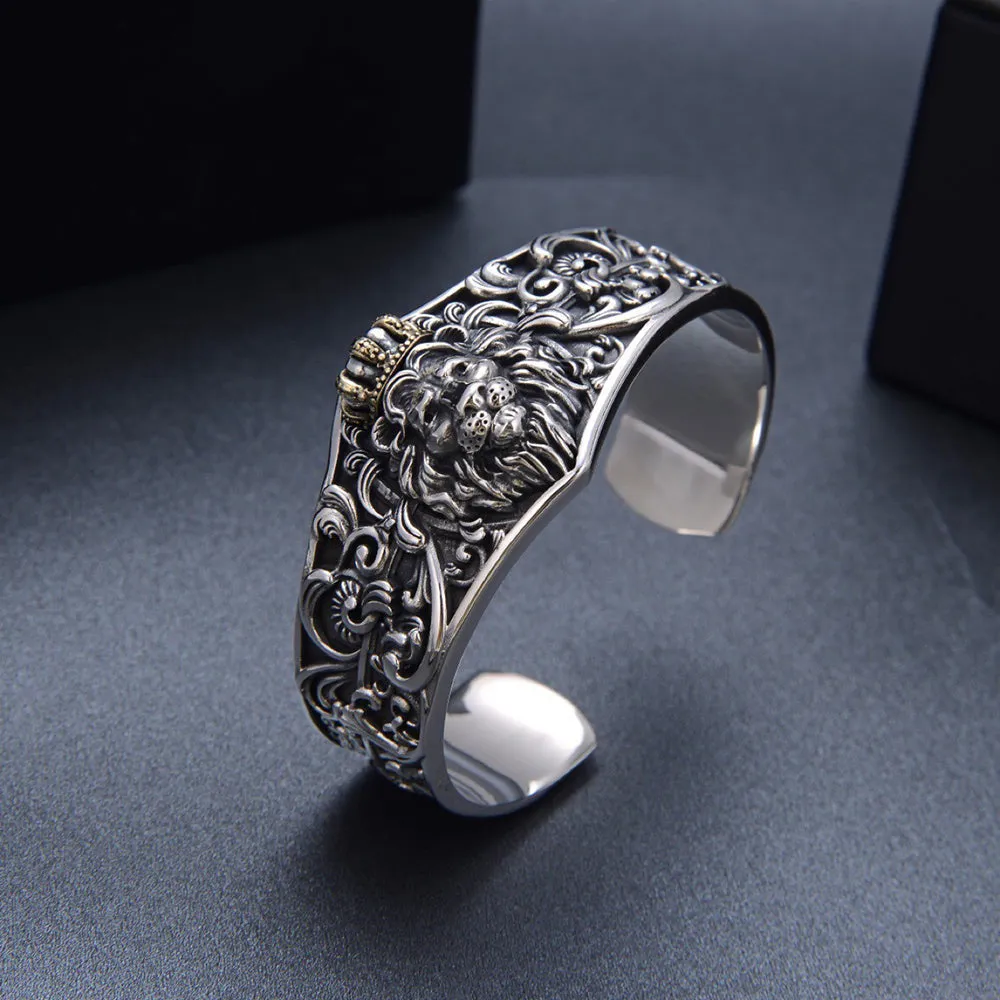 Heavy Real Solid 925 Sterling Silver Cuff Bracelet Animals Lion Crown Punk Jewelry Open Bangle